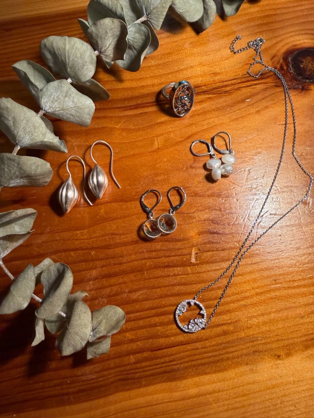 Silver Leaf Drop Earrings and Necklace Set - Silver